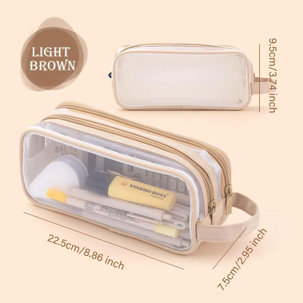 Clear Cosmetic Bag, Travel Makeup Bag, Pencil Case Transparent Pen Case Portable Make Up Organizer for Adult Teen Women Purse for Toiletries Accessories Brushes (Brown)