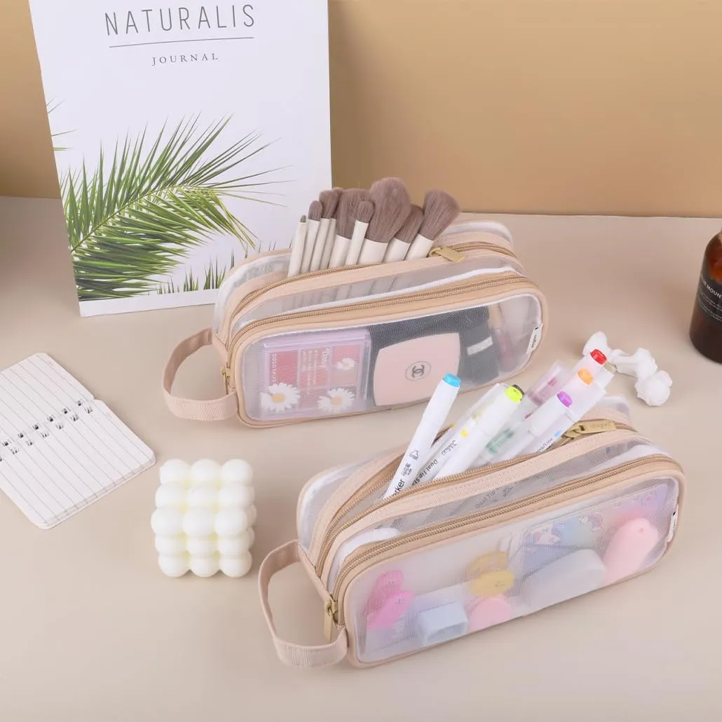 Clear Cosmetic Bag, Travel Makeup Bag, Pencil Case Transparent Pen Case Portable Make Up Organizer for Adult Teen Women Purse for Toiletries Accessories Brushes (Brown)