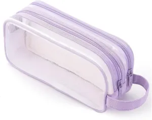 Clear Cosmetic Bag, Travel Makeup Bag, Pencil Case Transparent Pen Case Portable Make Up Organizer for Adult Teen Women Purse for Toiletries Accessories Brushes (Purple)