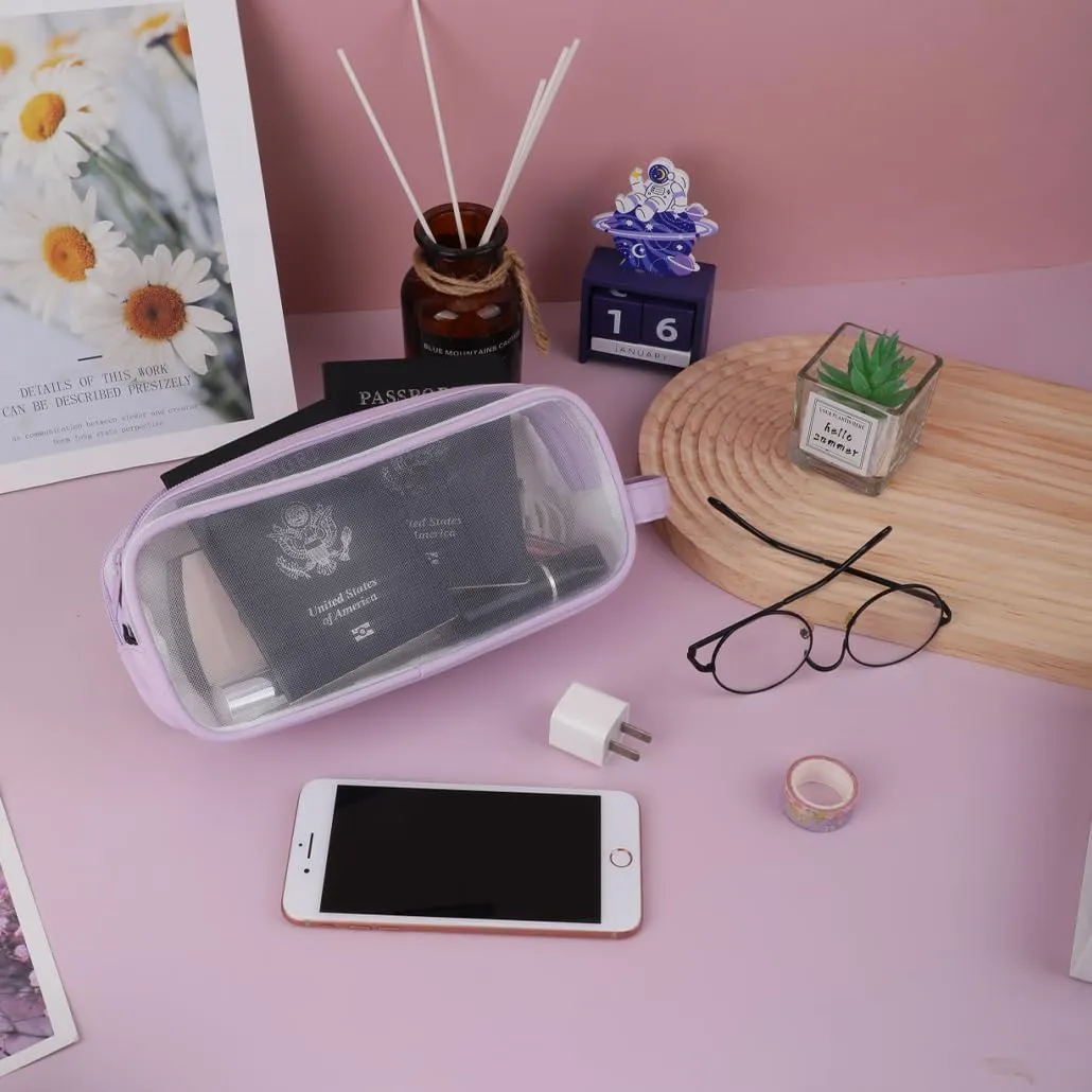Clear Cosmetic Bag, Travel Makeup Bag, Pencil Case Transparent Pen Case Portable Make Up Organizer for Adult Teen Women Purse for Toiletries Accessories Brushes (Purple)