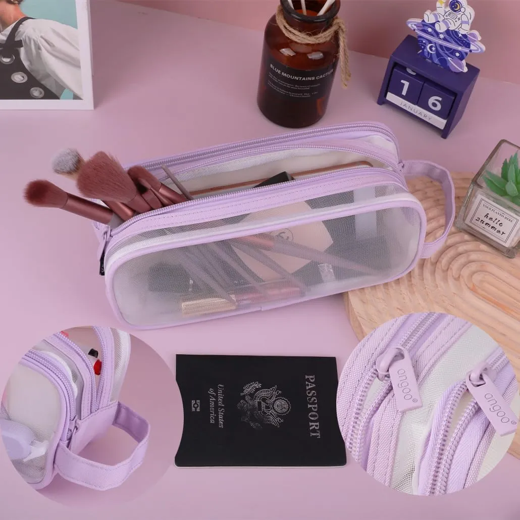 Clear Cosmetic Bag, Travel Makeup Bag, Pencil Case Transparent Pen Case Portable Make Up Organizer for Adult Teen Women Purse for Toiletries Accessories Brushes (Purple)