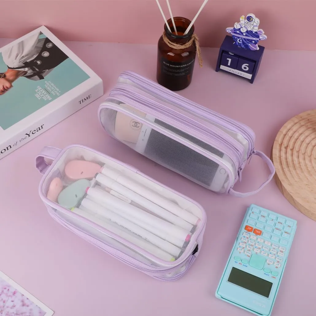 Clear Cosmetic Bag, Travel Makeup Bag, Pencil Case Transparent Pen Case Portable Make Up Organizer for Adult Teen Women Purse for Toiletries Accessories Brushes (Purple)