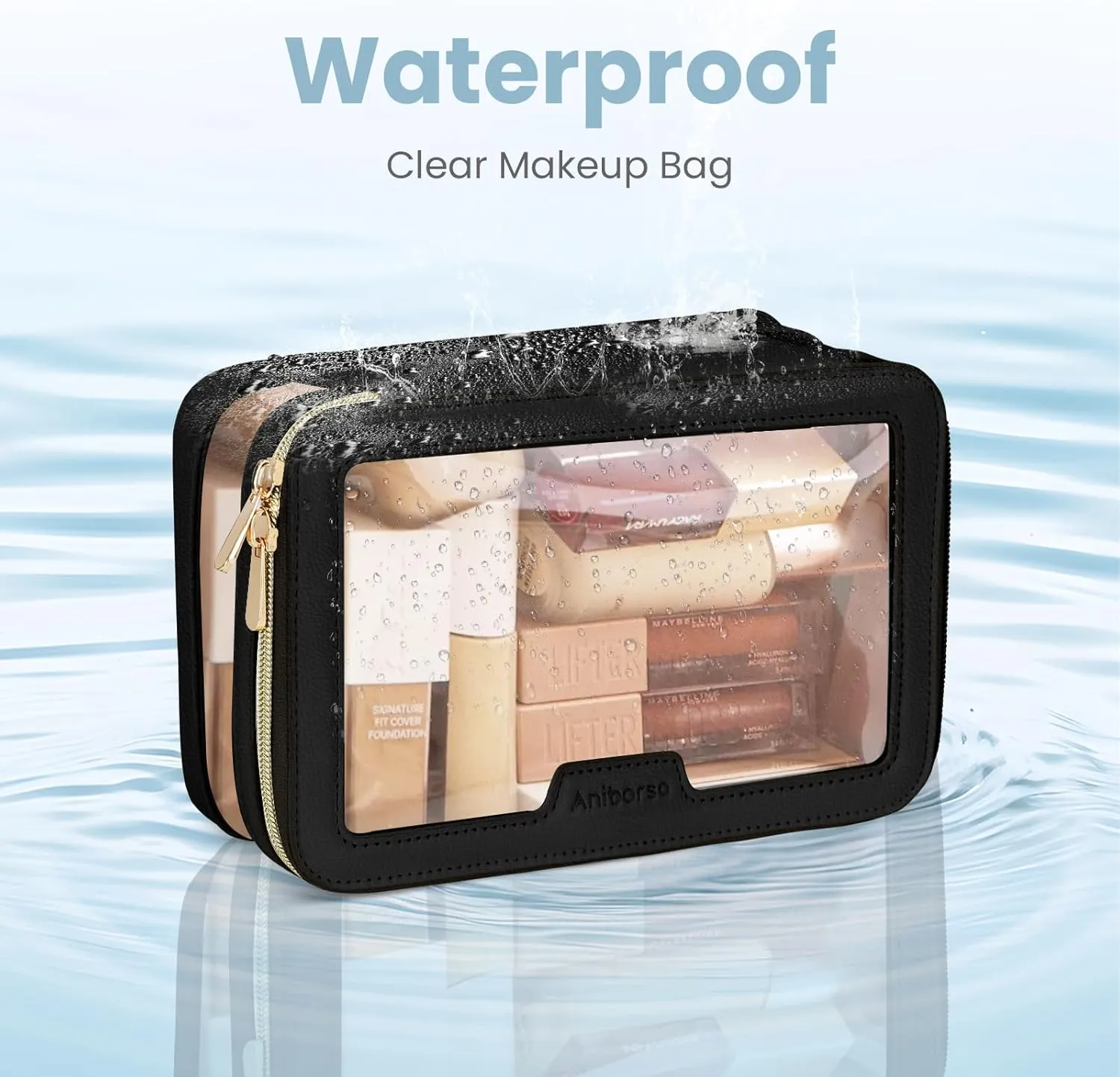 Clear Makeup Bag, Travel Clear Cosmetic Bag and Makeup Brush Bag, Transparent Portable Makeup Case, Waterproof Toiletry Bag with Zipper for Women, Black