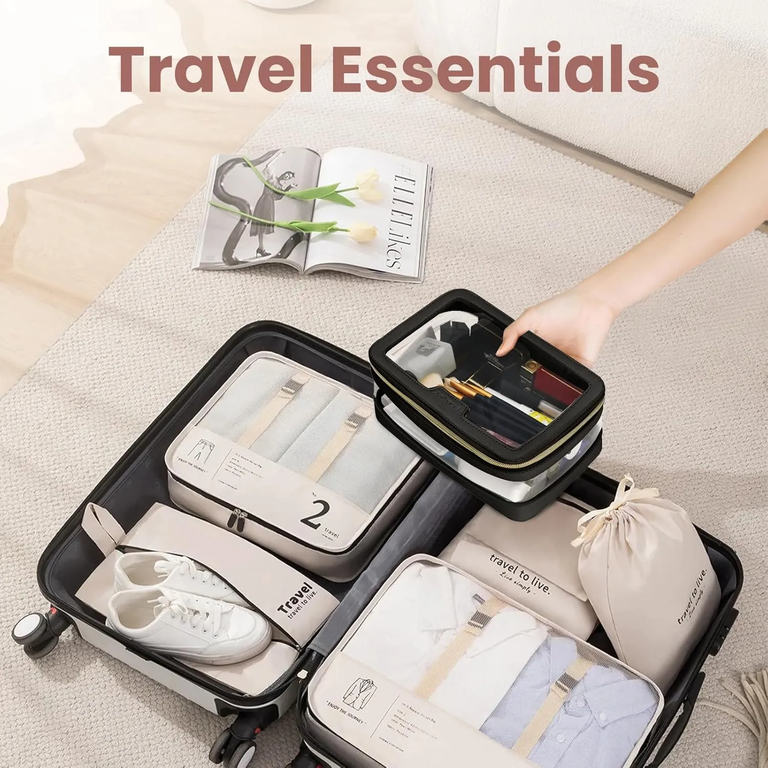 Clear Makeup Bag, Travel Clear Cosmetic Bag and Makeup Brush Bag, Transparent Portable Makeup Case, Waterproof Toiletry Bag with Zipper for Women, Black