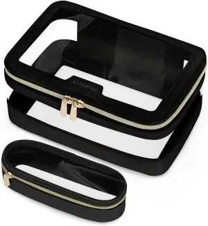 Clear Makeup Bag, Travel Clear Cosmetic Bag and Makeup Brush Bag, Transparent Portable Makeup Case, Waterproof Toiletry Bag with Zipper for Women, Black