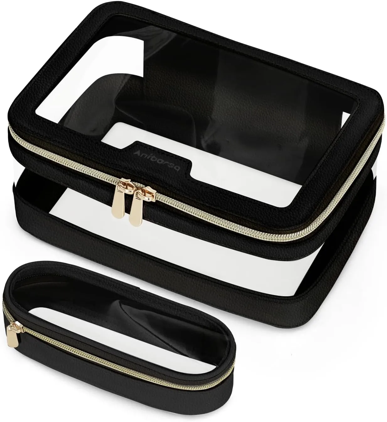 Clear Makeup Bag, Travel Clear Cosmetic Bag and Makeup Brush Bag, Transparent Portable Makeup Case, Waterproof Toiletry Bag with Zipper for Women, Black