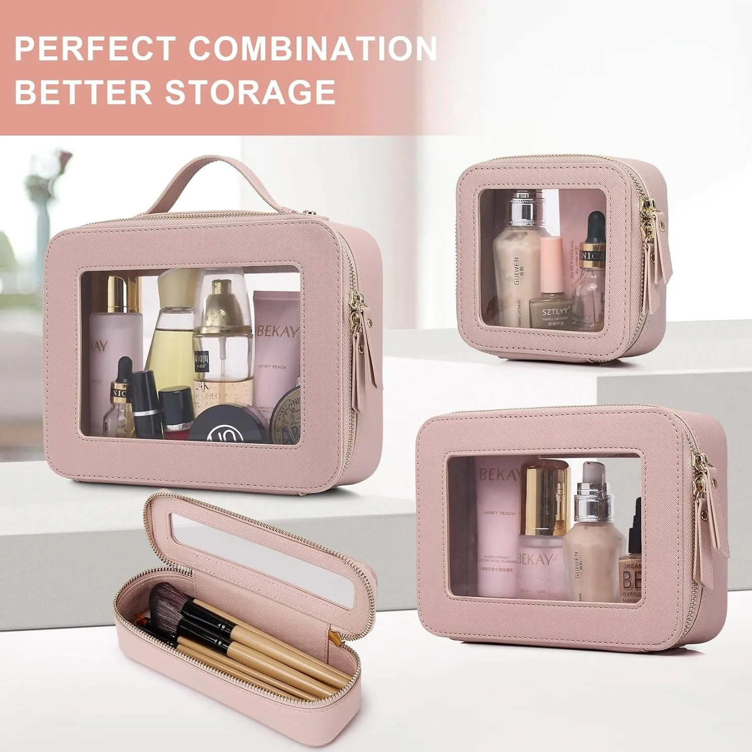 Clear Makeup Bag Waterproof Travel Case for Cosmetics and Toiletries Women's Purse Organizer and Clear Car Bag with Zipper (Pink, L M MINI)