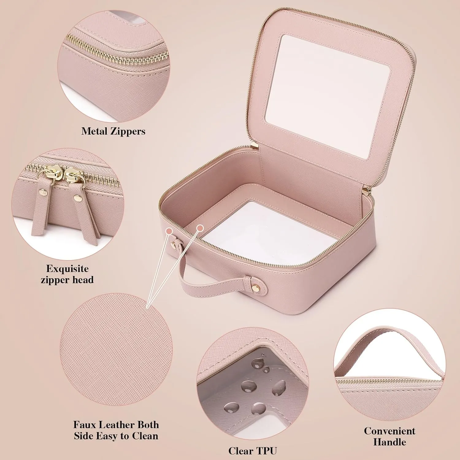 Clear Makeup Bag Waterproof Travel Case for Cosmetics and Toiletries Women's Purse Organizer and Clear Car Bag with Zipper (Pink, L M MINI)