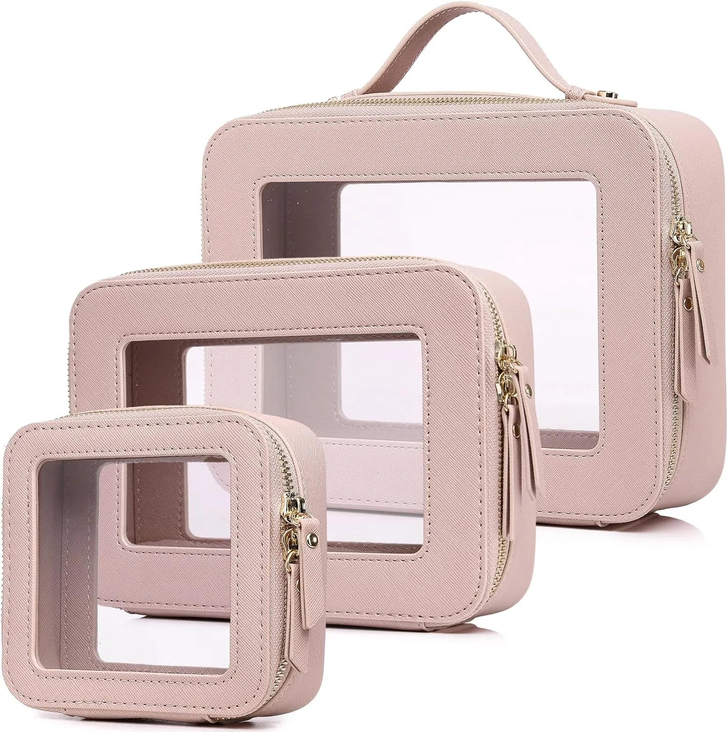 Clear Makeup Bag Waterproof Travel Case for Cosmetics and Toiletries Women's Purse Organizer and Clear Car Bag with Zipper (Pink, L M MINI)