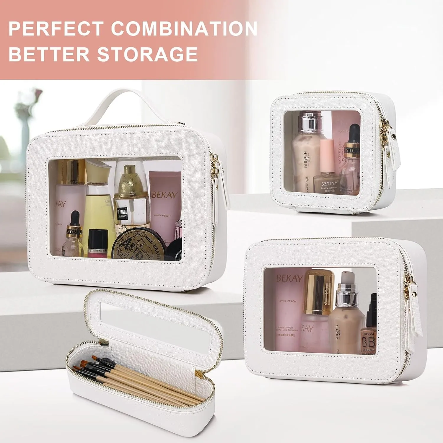 Clear Makeup Bag Waterproof Travel Case for Cosmetics and Toiletries Women's Purse Organizer and Clear Car Bag with Zipper (White, M MINI)