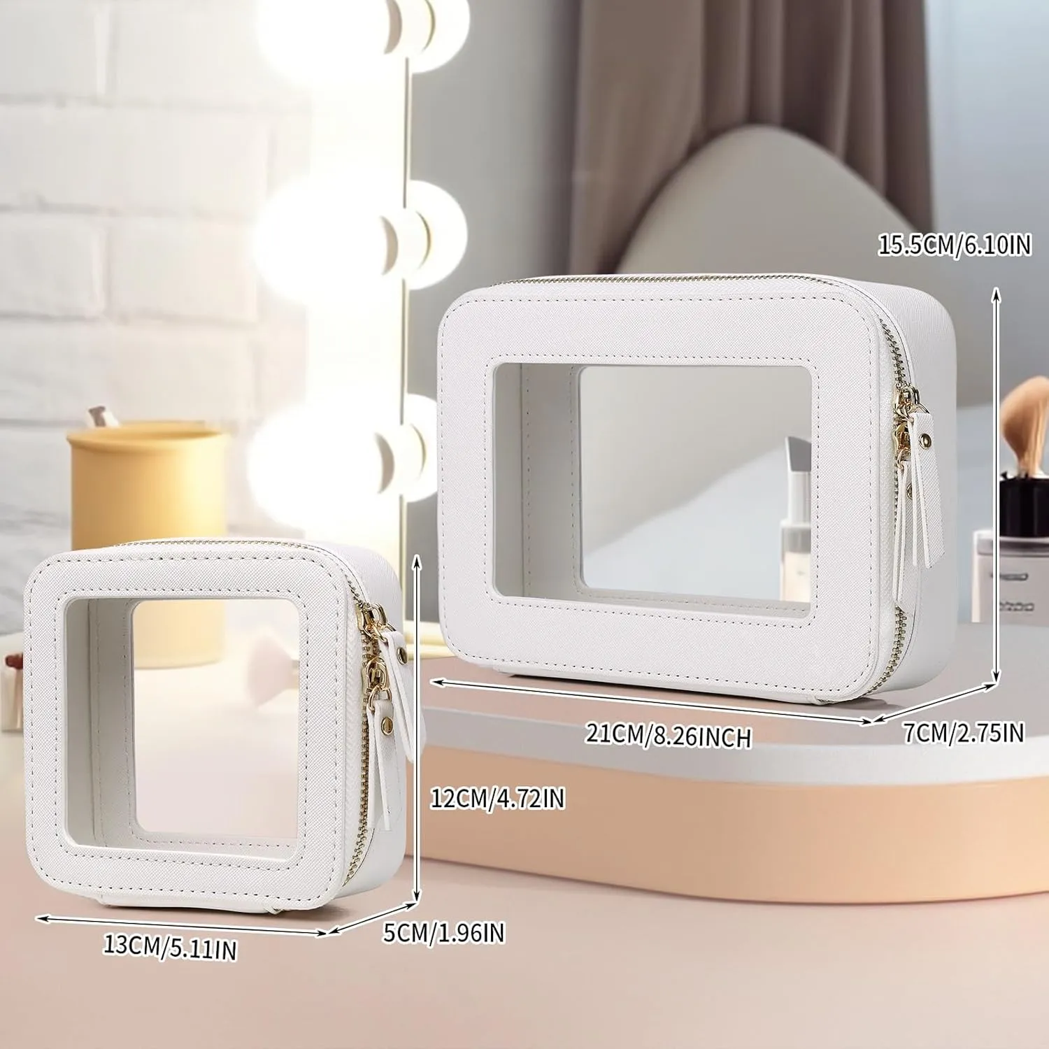 Clear Makeup Bag Waterproof Travel Case for Cosmetics and Toiletries Women's Purse Organizer and Clear Car Bag with Zipper (White, M MINI)