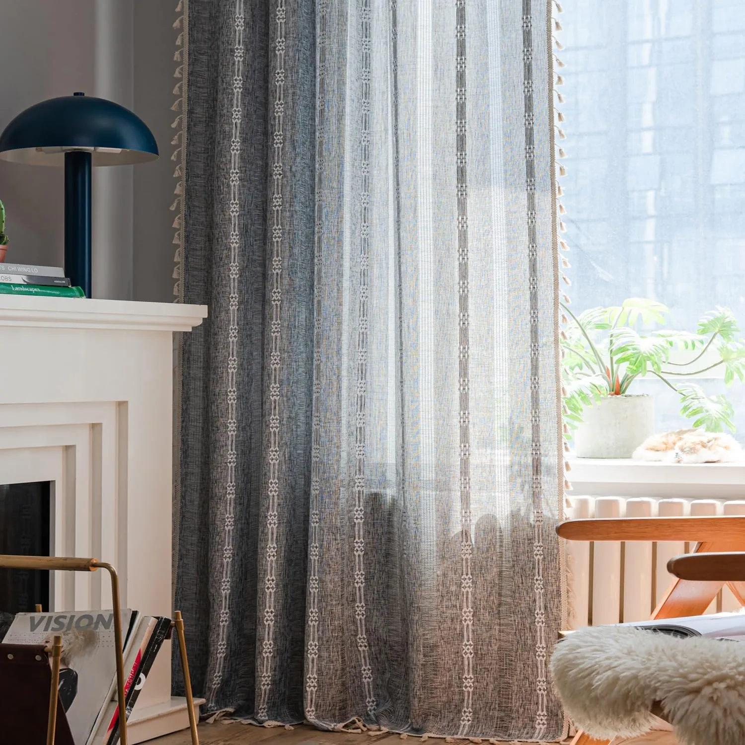 ColorBird Grey Curtains for Living Room 2 Panels Set, Linen Curtains 84 Inches Long, Boho Bedroom Room Darkening Curtains & Drapes, Embroidered Window Curtains for Dining Door Nursery Office