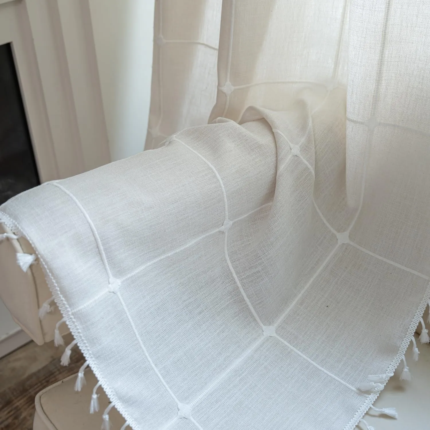 ColorBird White Curtains 84 Inches Long, 2 Panels Farmhouse Window Curtains for Living Room, Lattice Linen Darkening White Drapes for Dining Bedroom