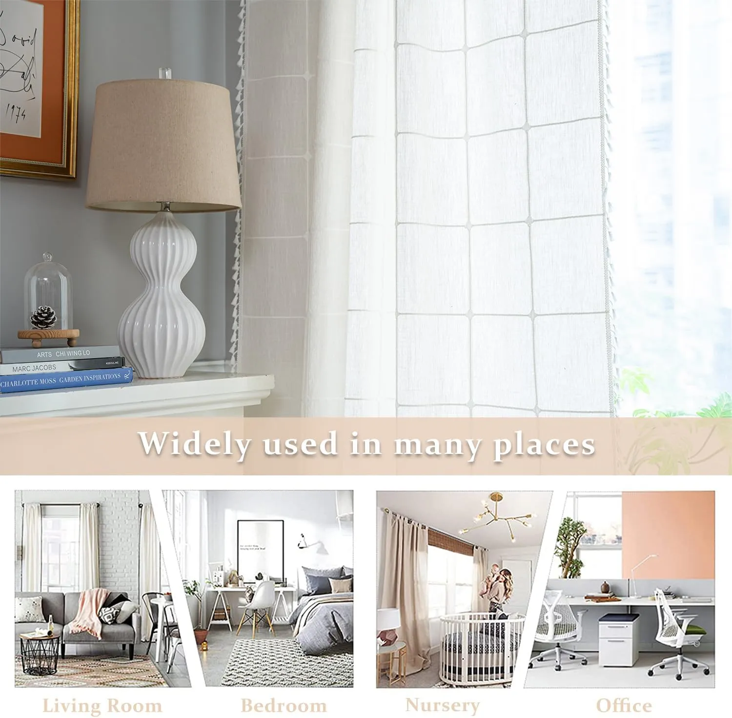 ColorBird White Curtains 84 Inches Long, 2 Panels Farmhouse Window Curtains for Living Room, Lattice Linen Darkening White Drapes for Dining Bedroom