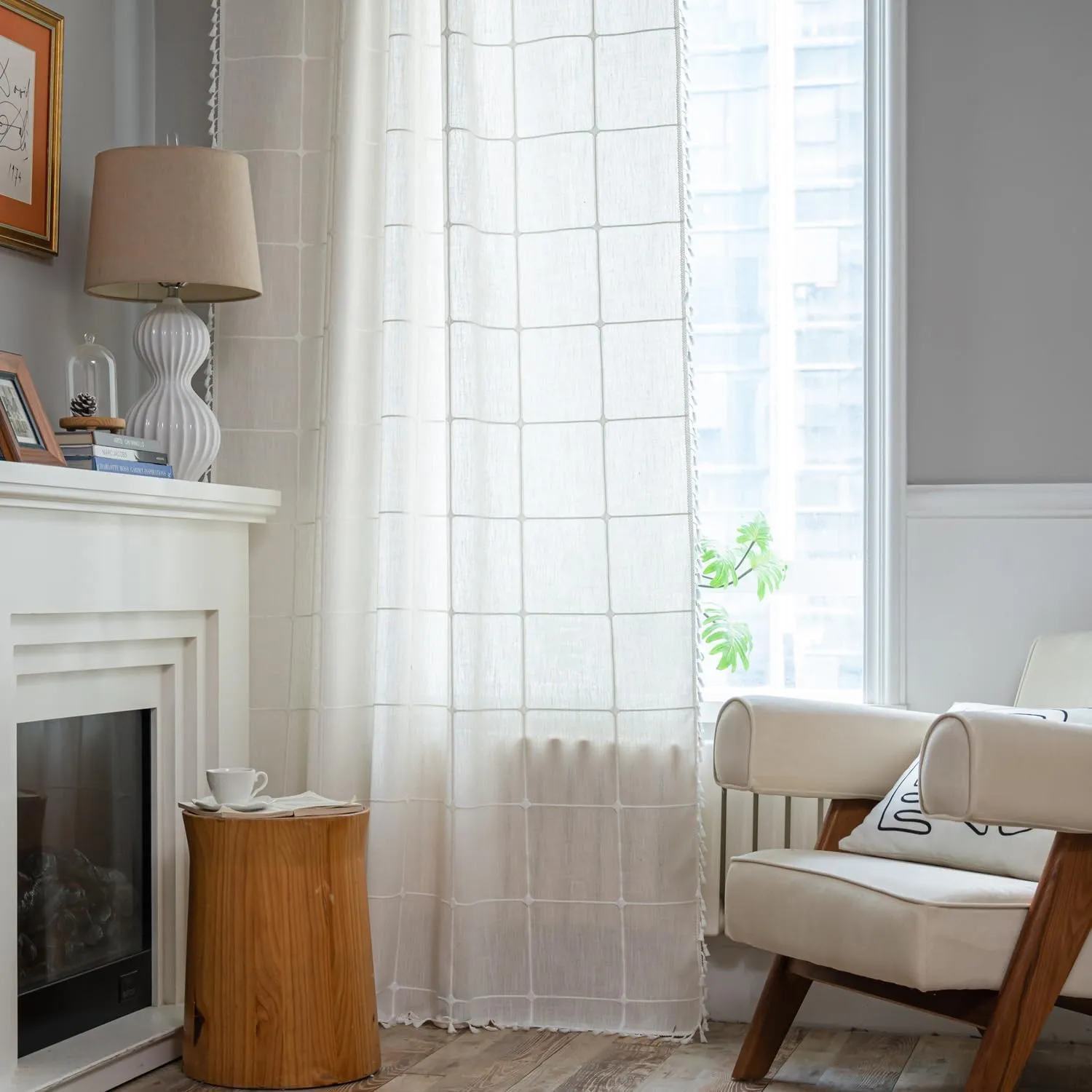 ColorBird White Curtains 84 Inches Long, 2 Panels Farmhouse Window Curtains for Living Room, Lattice Linen Darkening White Drapes for Dining Bedroom