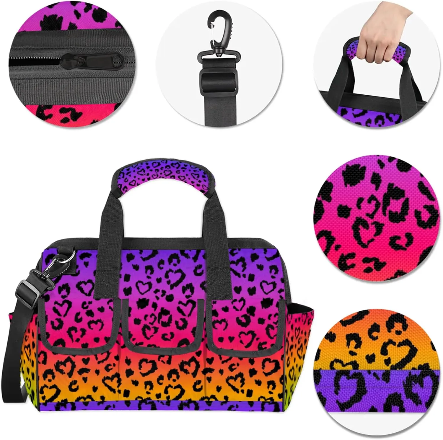 Colored Leopard Print Heavy Duty Tool Bags for Men and Women 14.8 Inch, Soft Wide Mouth Tool Tote Organizer Bag with Adjustable Shoulder Strap