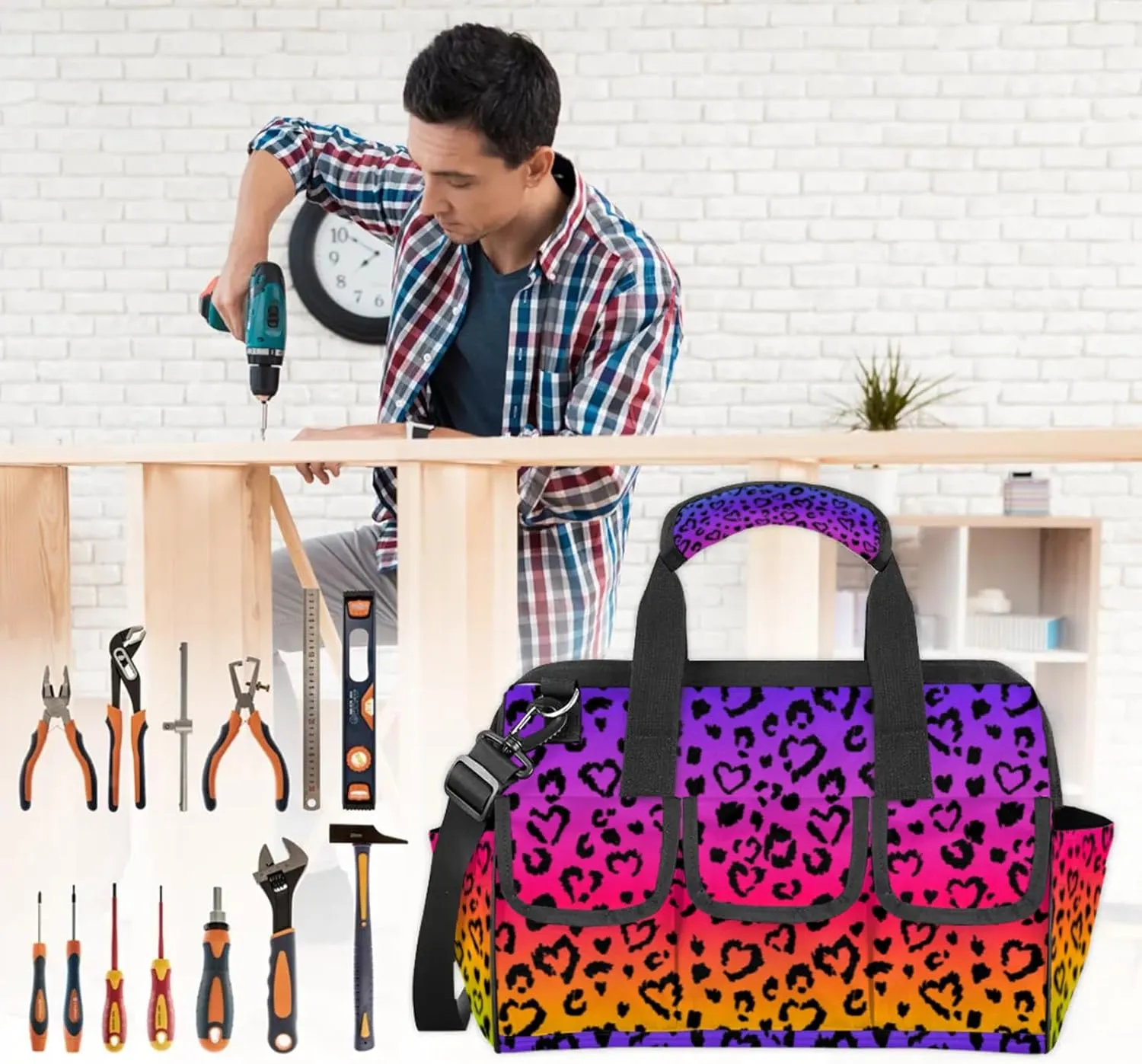 Colored Leopard Print Heavy Duty Tool Bags for Men and Women 14.8 Inch, Soft Wide Mouth Tool Tote Organizer Bag with Adjustable Shoulder Strap