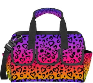 Colored Leopard Print Heavy Duty Tool Bags for Men and Women 14.8 Inch, Soft Wide Mouth Tool Tote Organizer Bag with Adjustable Shoulder Strap