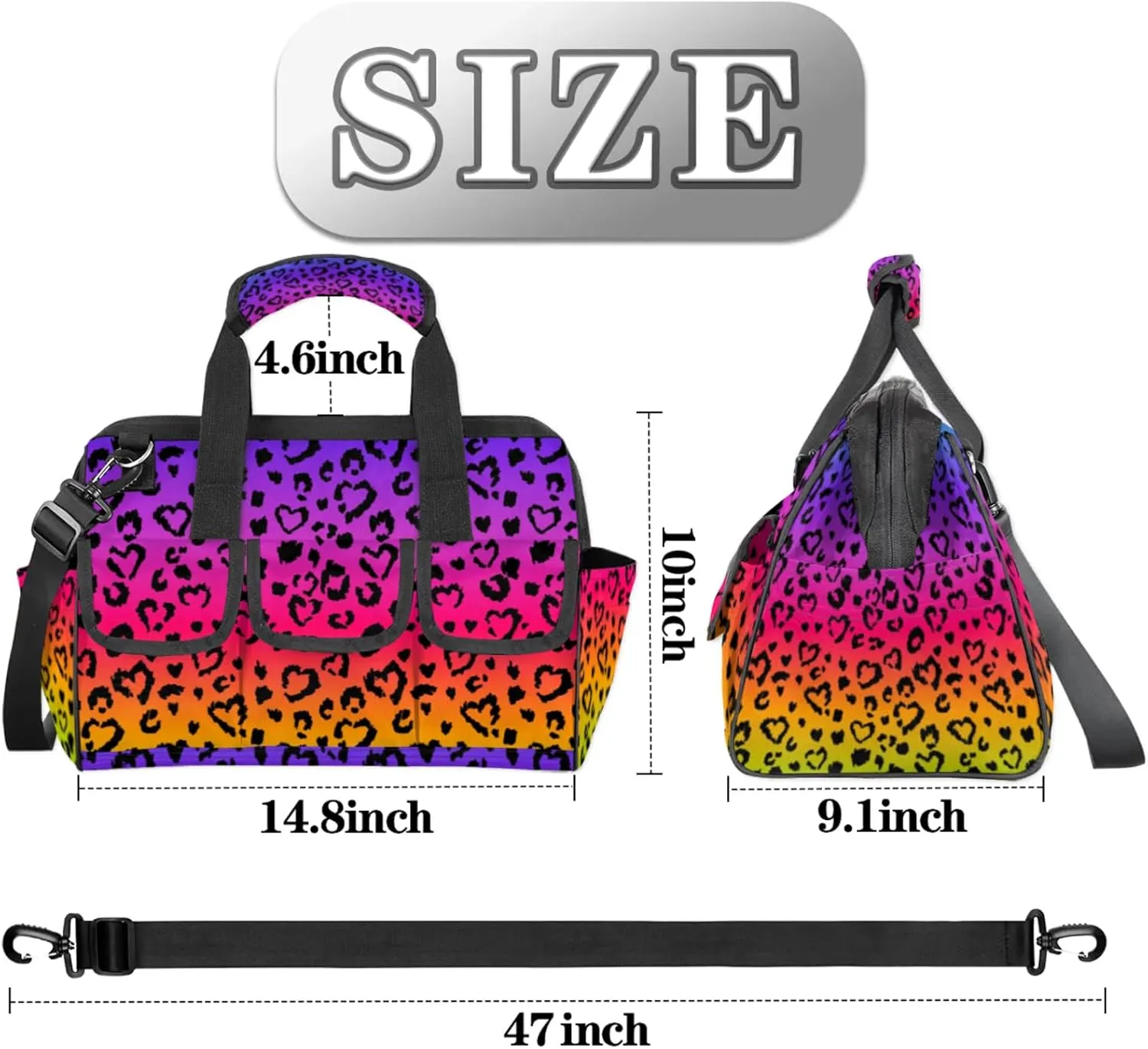 Colored Leopard Print Heavy Duty Tool Bags for Men and Women 14.8 Inch, Soft Wide Mouth Tool Tote Organizer Bag with Adjustable Shoulder Strap