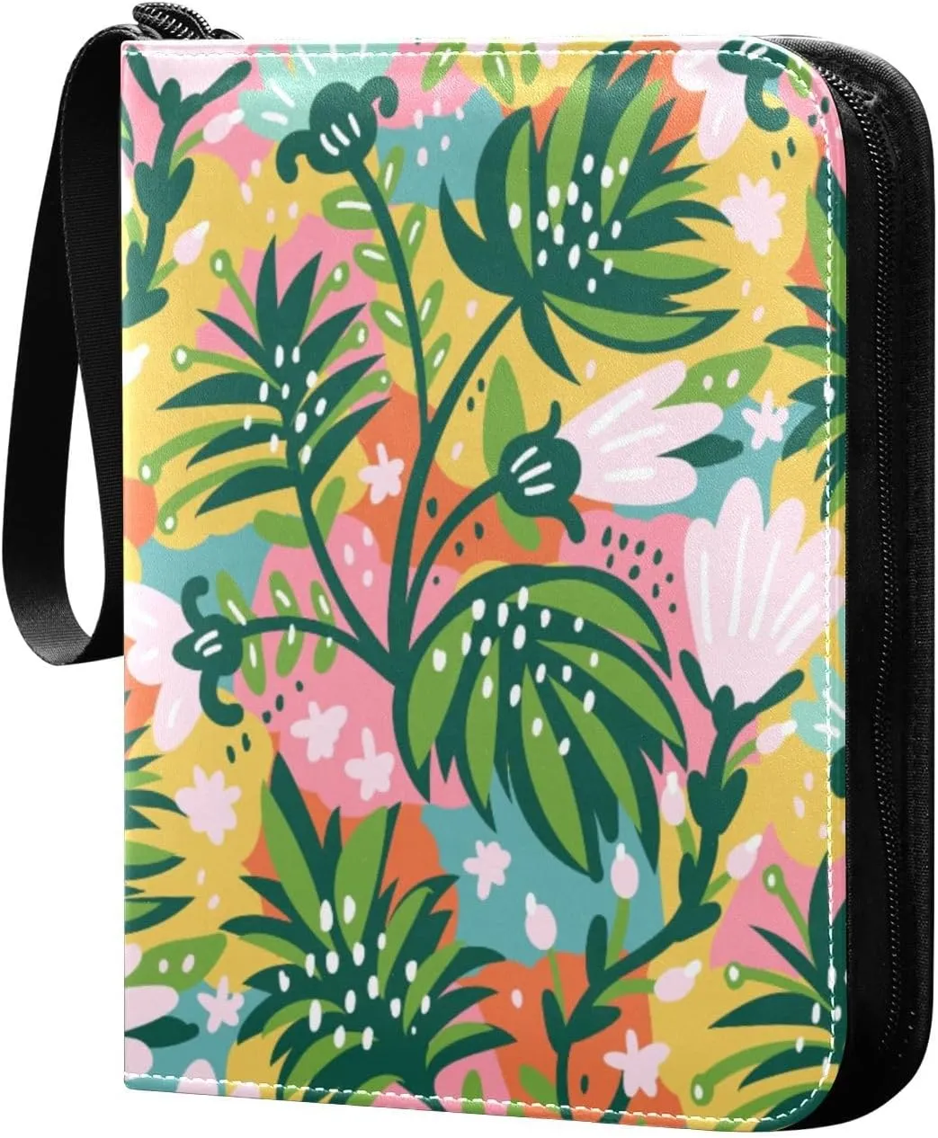Colorful Flowers Green Leaves Card Binder 400 Pockets 3 Ring Trading Card Album with PU Leather Cover and Zipper