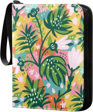Colorful Flowers Green Leaves Card Binder 400 Pockets 3 Ring Trading Card Album with PU Leather Cover and Zipper