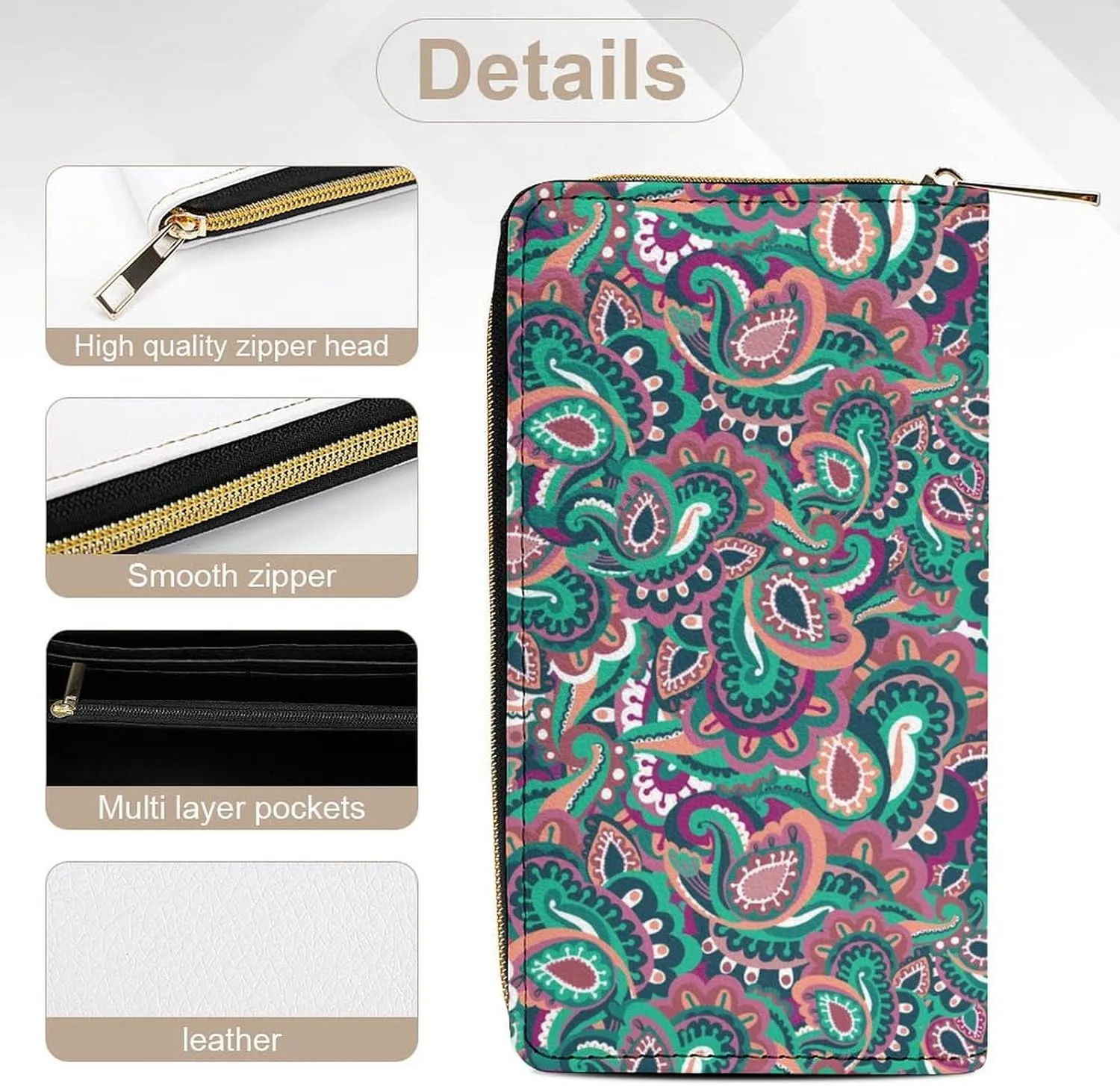 Colorful Paisley Pattern Women's Leather Small Wallet Clutch Wallet - Lightweight And Easy to Carry, 19.7x10.5cm, style-21-4
