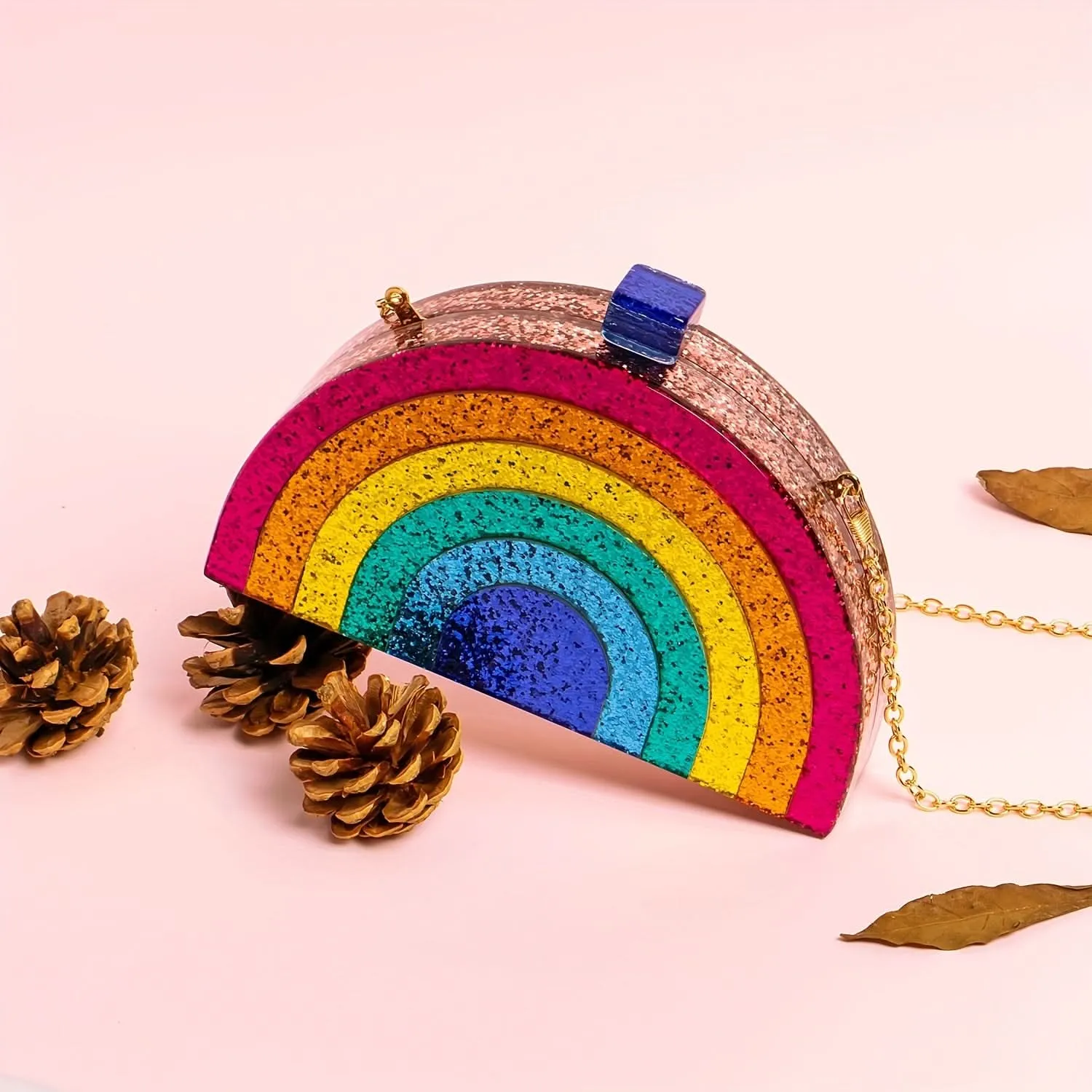 Colorful Rainbow Acrylic Clutch with Chain Strap