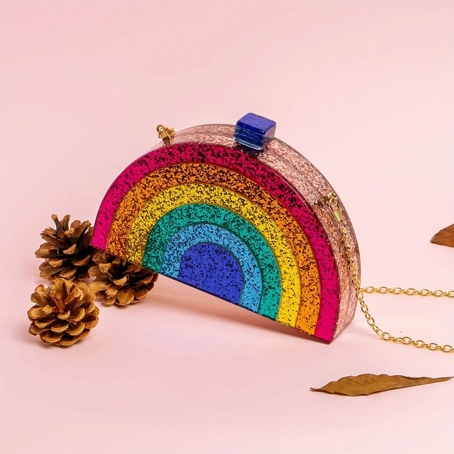 Colorful Rainbow Acrylic Clutch with Chain Strap