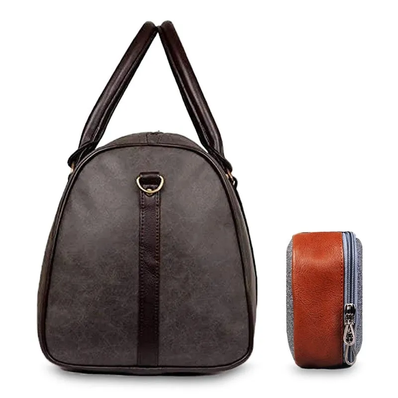 Combo: Lincoln Vegan Leather Travel Duffel Bag & Toiletry Kit | Spacious | 29 L | Ash Grey