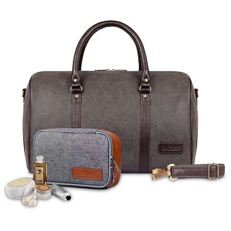 Combo: Lincoln Vegan Leather Travel Duffel Bag & Toiletry Kit | Spacious | 29 L | Ash Grey