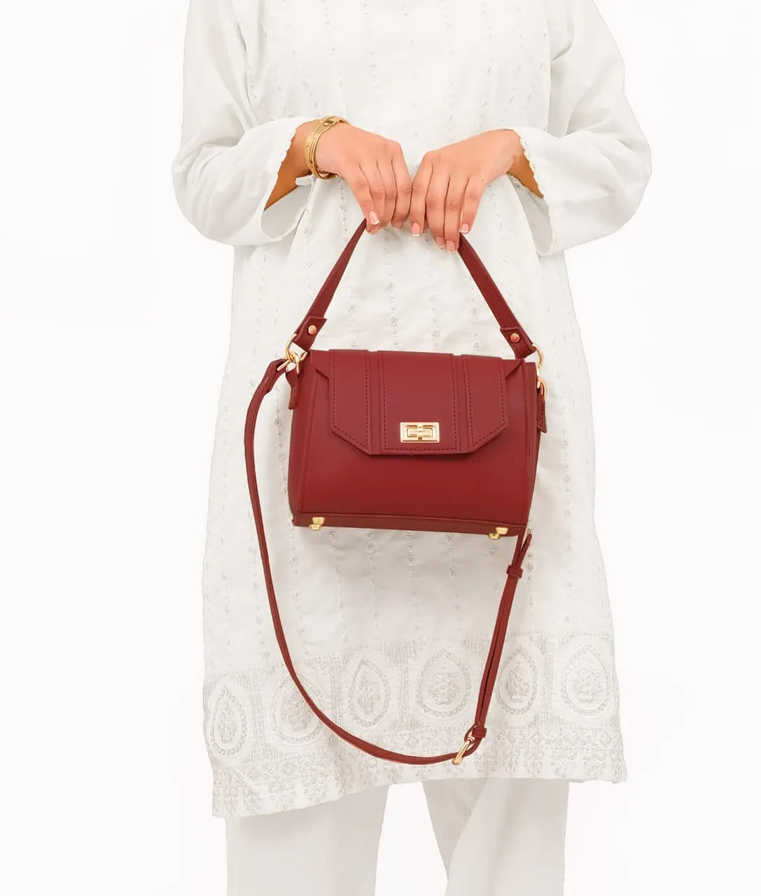 Compact Maroon Top Handle Cross Body Bag