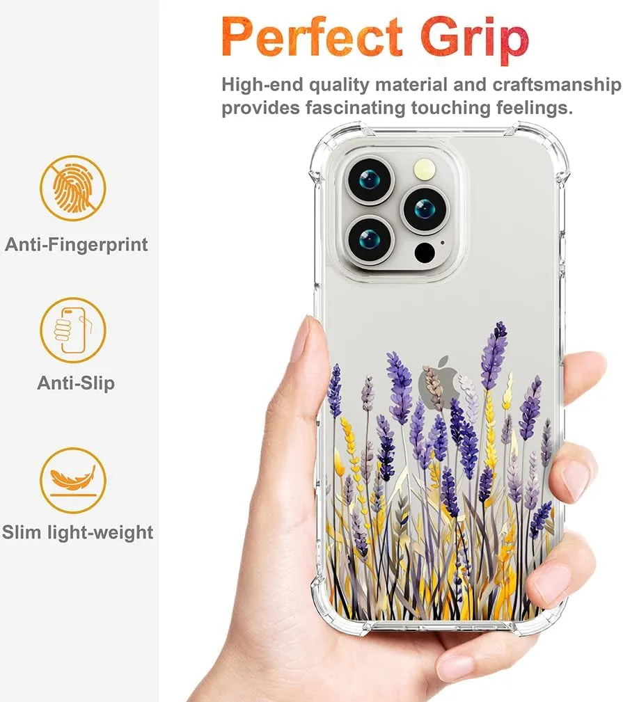 Compatible with iPhone 16 Pro Case Clear Cute for Women - Rugged Phone Cases Funda Protector Cover Skin (Lavender Flower Garden Meadow Blossom)