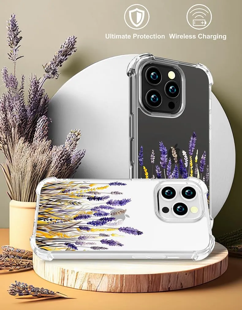 Compatible with iPhone 16 Pro Case Clear Cute for Women - Rugged Phone Cases Funda Protector Cover Skin (Lavender Flower Garden Meadow Blossom)