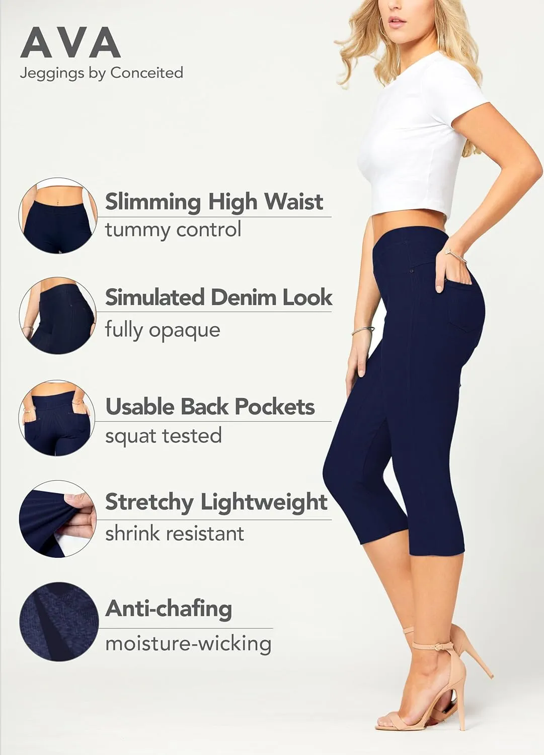 Conceited Jeggings for Women with Pockets - High Waist - Tummy Control Shaping - Regular and Plus Size