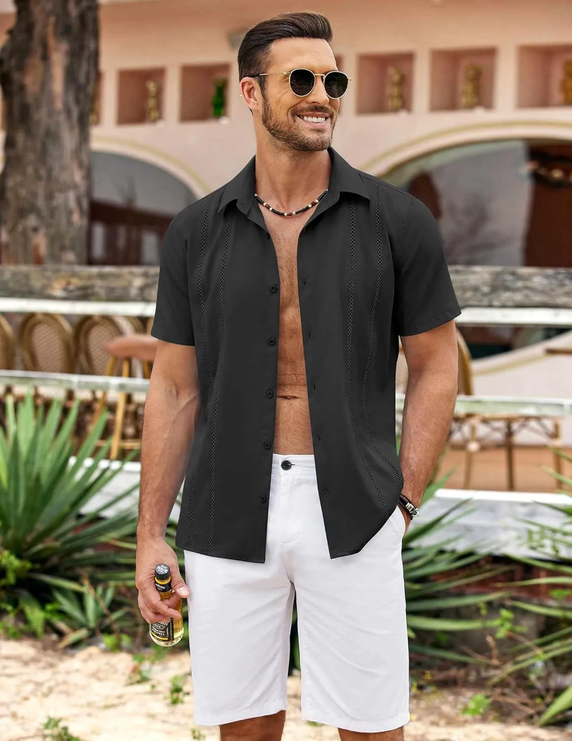 COOFANDY Men's Cuban Guayabera Shirt Summer Beach Vacation Shirt Casual Short Sleeve Button Down Resort Wear