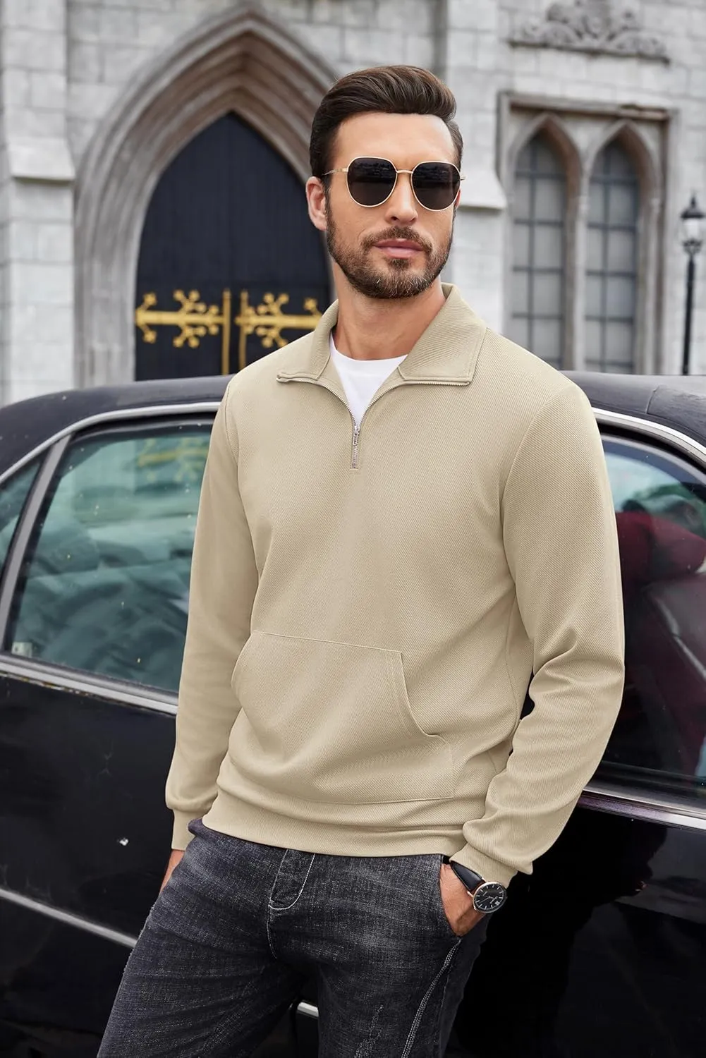 COOFANDY Mens Quarter Zip Pullover Quilted Sweatshirt Long Sleeve Mock Neck Sweater Polo Half Zip Pullover with Pocket