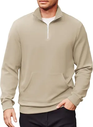 COOFANDY Mens Quarter Zip Pullover Quilted Sweatshirt Long Sleeve Mock Neck Sweater Polo Half Zip Pullover with Pocket