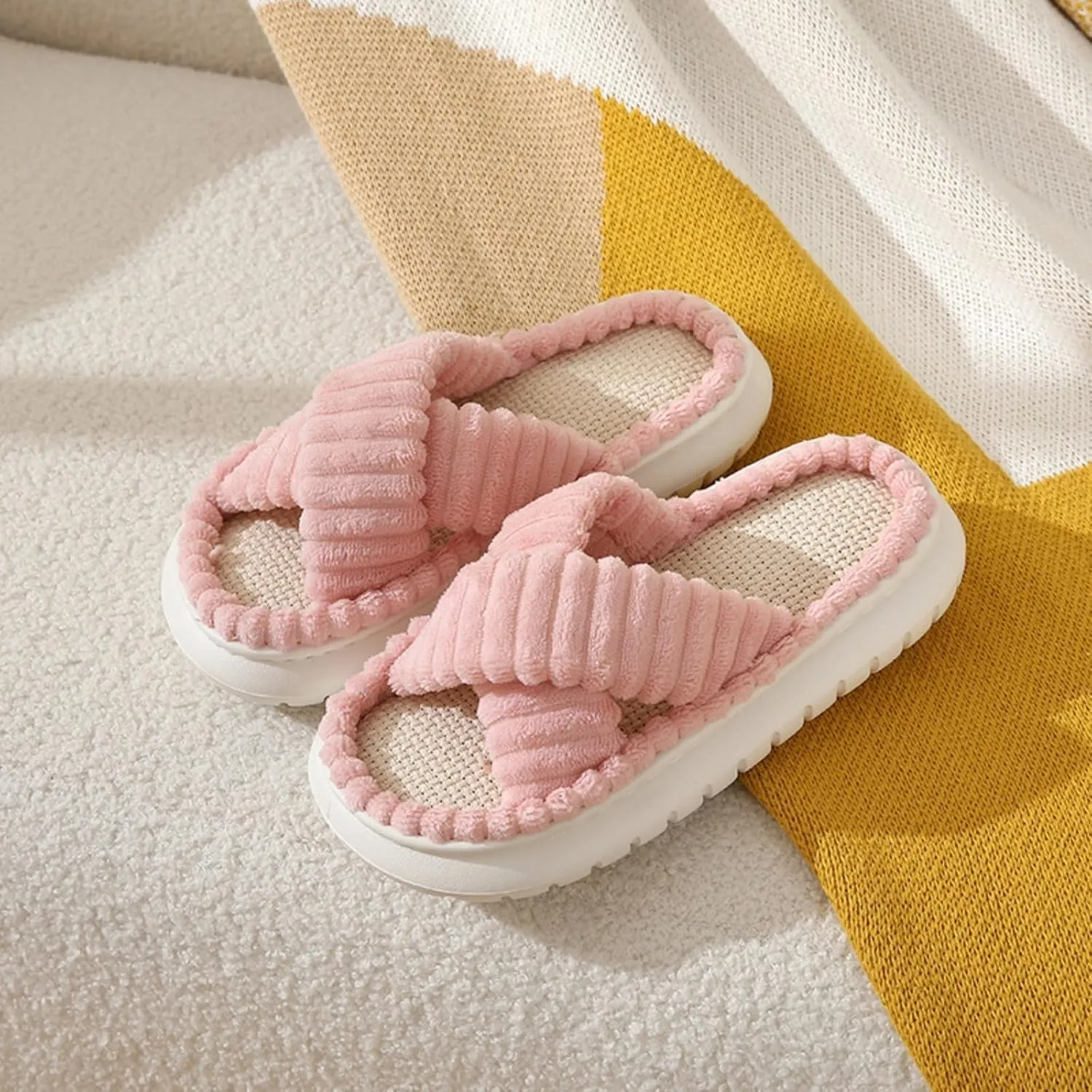 Corduroy Linen Slippers for Men & Women, Home Indoor Household Non-Slip Cotton Linen Slippers