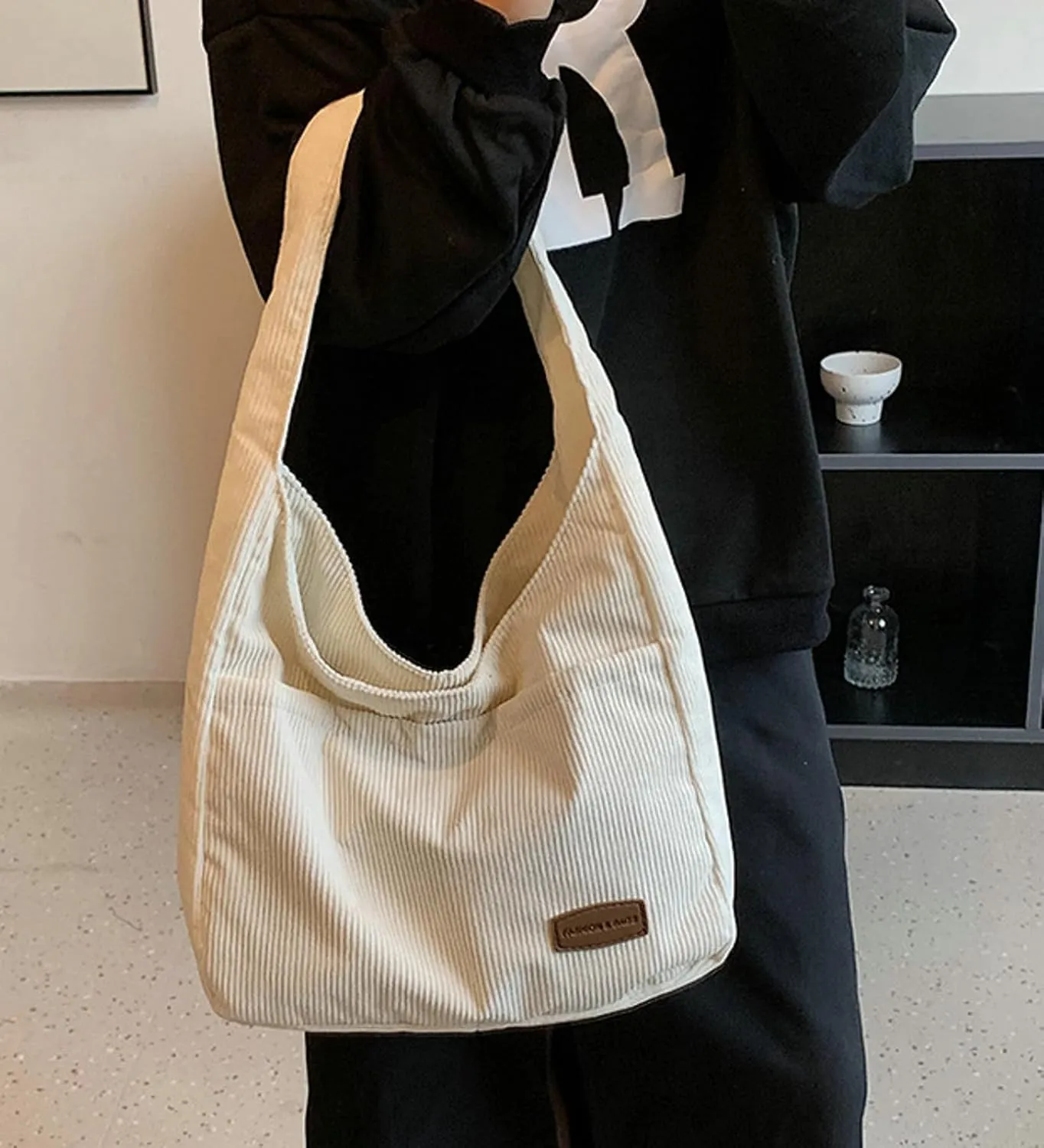 Corduroy Tote Bag Unisex Retro Handbag Multi Pocket Shoulder Work College Satchel Compartment Messenger Purse