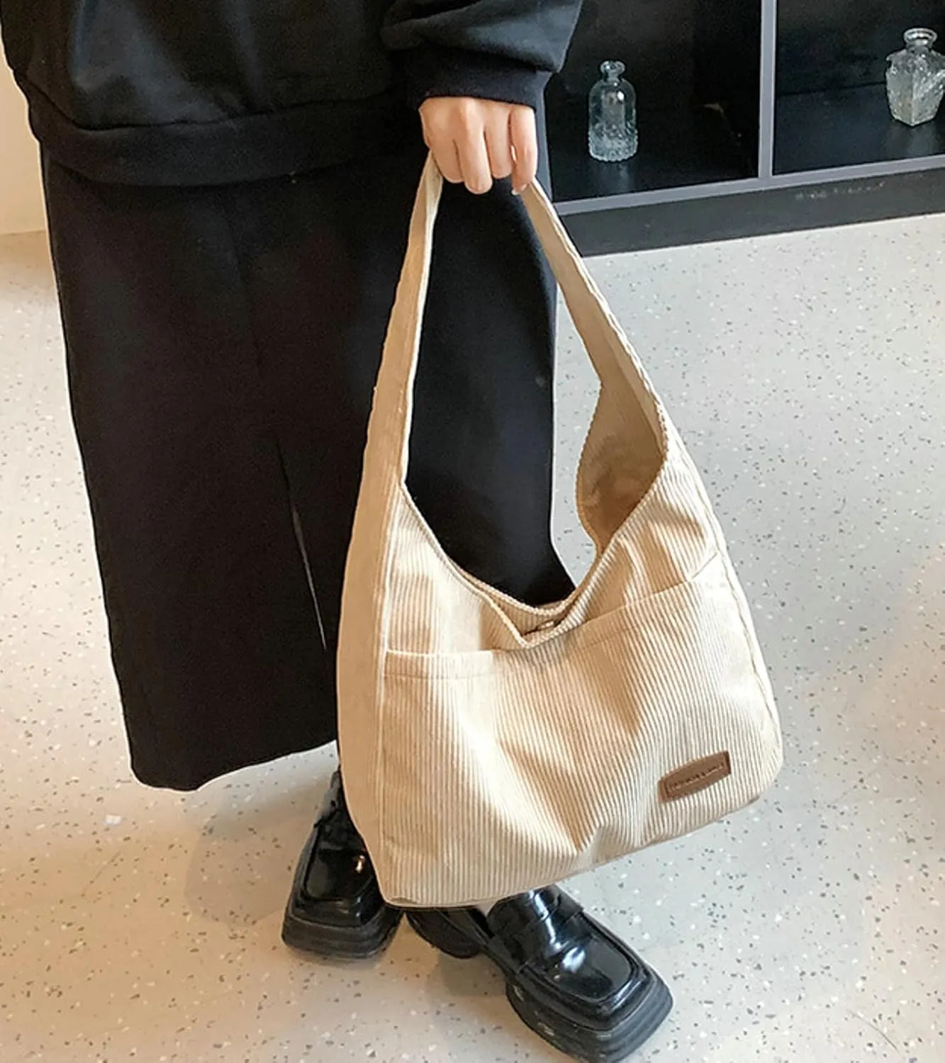 Corduroy Tote Bag Unisex Retro Handbag Multi Pocket Shoulder Work College Satchel Compartment Messenger Purse