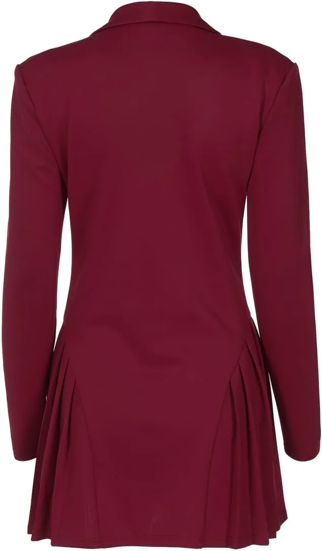 CORIRESHA Women's Elegant Deep V-Neck Long Sleeve Button Pleated Mini Blazer Dress