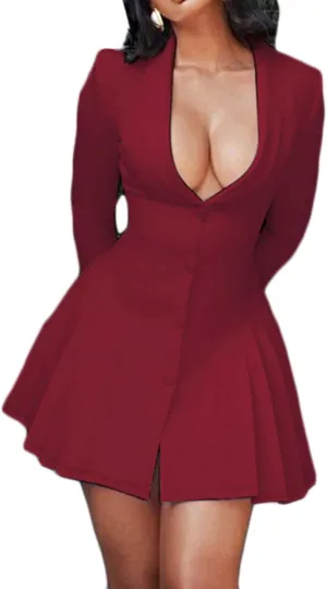 CORIRESHA Women's Elegant Deep V-Neck Long Sleeve Button Pleated Mini Blazer Dress