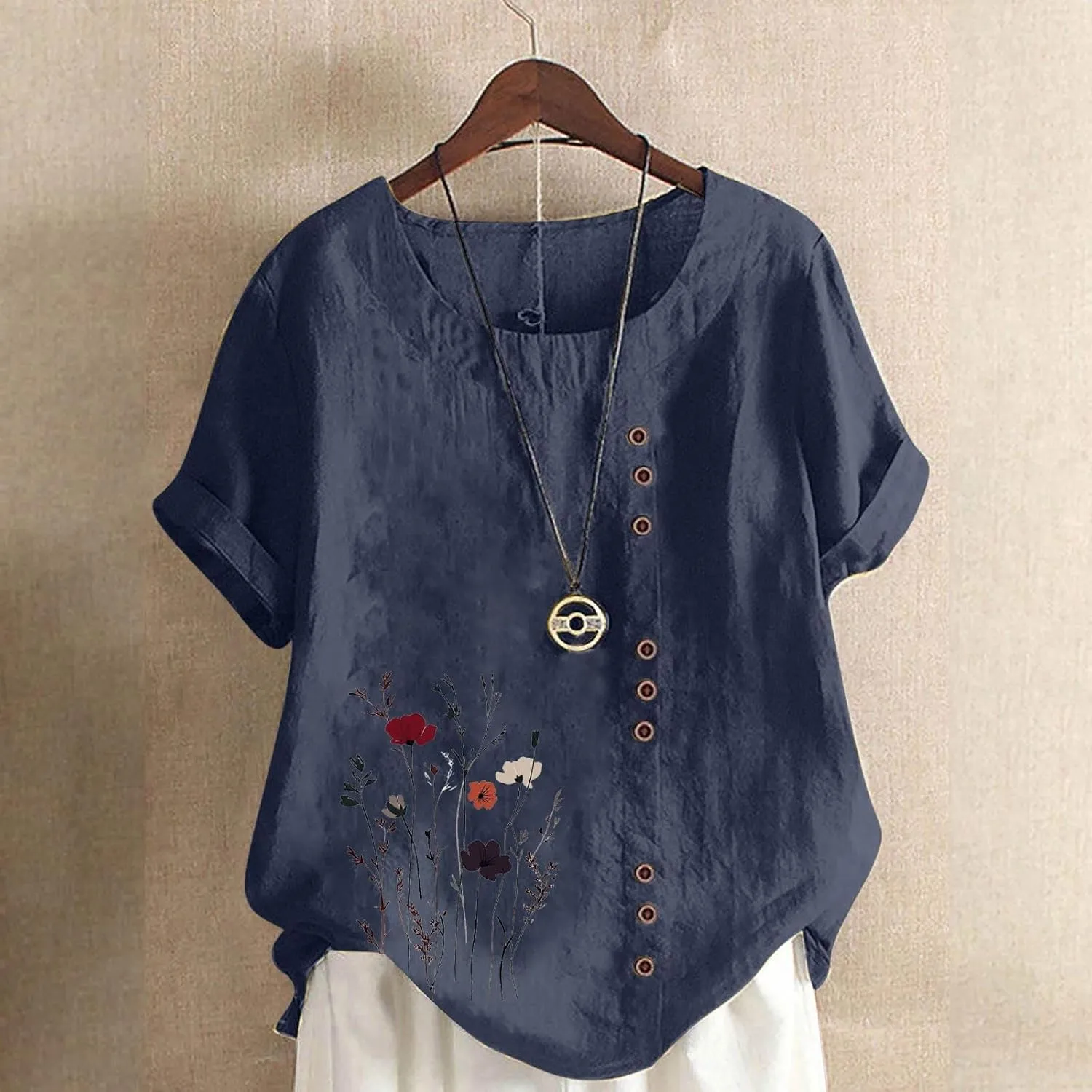 Cotton Linen Tops for Women Loose Casual Floral Print Blouse Trendy Roll Up Short Sleeve T-Shirt Summer Basic Tees