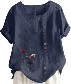 Cotton Linen Tops for Women Loose Casual Floral Print Blouse Trendy Roll Up Short Sleeve T-Shirt Summer Basic Tees