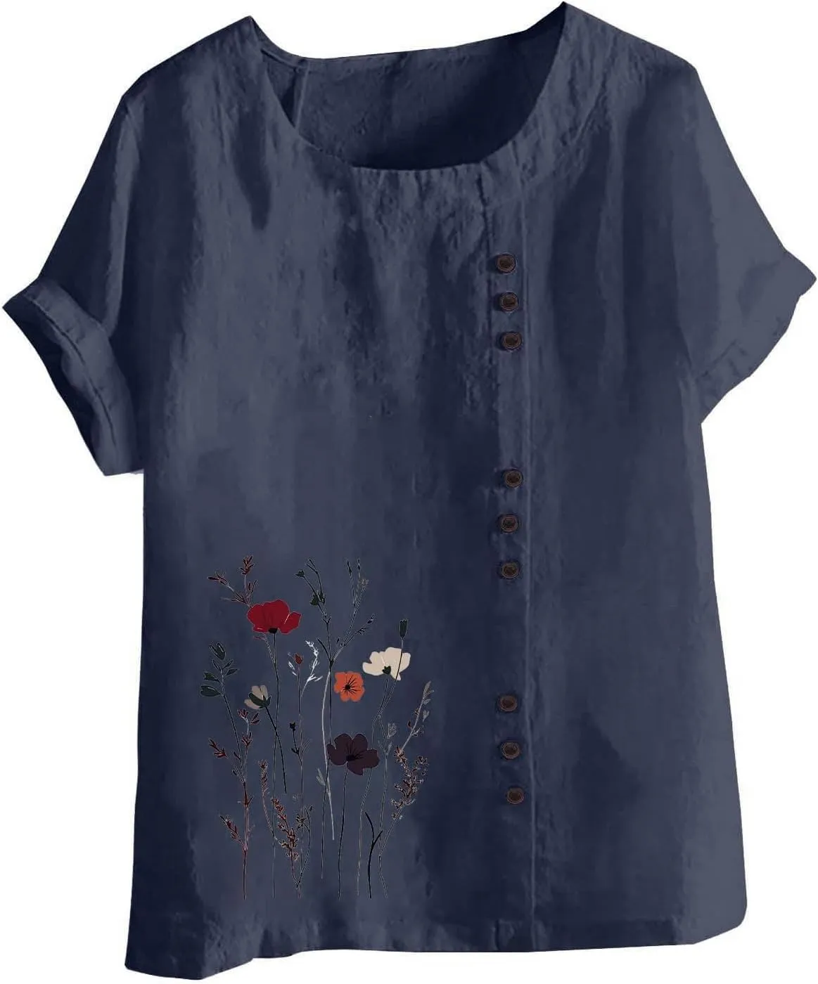 Cotton Linen Tops for Women Loose Casual Floral Print Blouse Trendy Roll Up Short Sleeve T-Shirt Summer Basic Tees