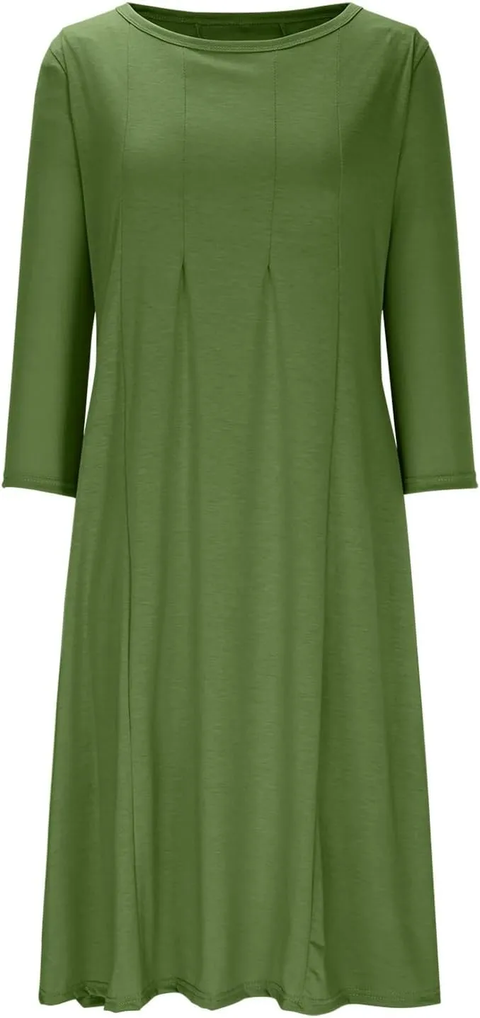 Cotton Long Sleeve A Line Midi Dress for Women Pleated Design Casual Loose Fit Soft Comfortable Daily Wear
