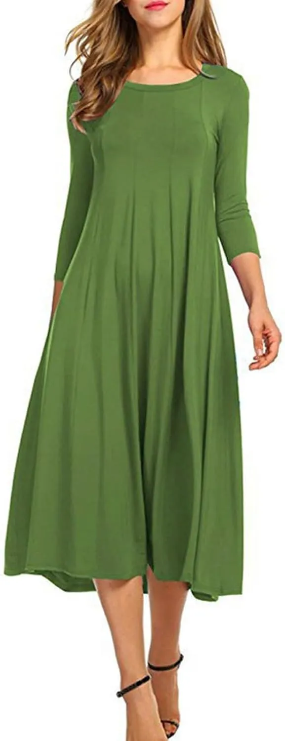 Cotton Long Sleeve A Line Midi Dress for Women Pleated Design Casual Loose Fit Soft Comfortable Daily Wear