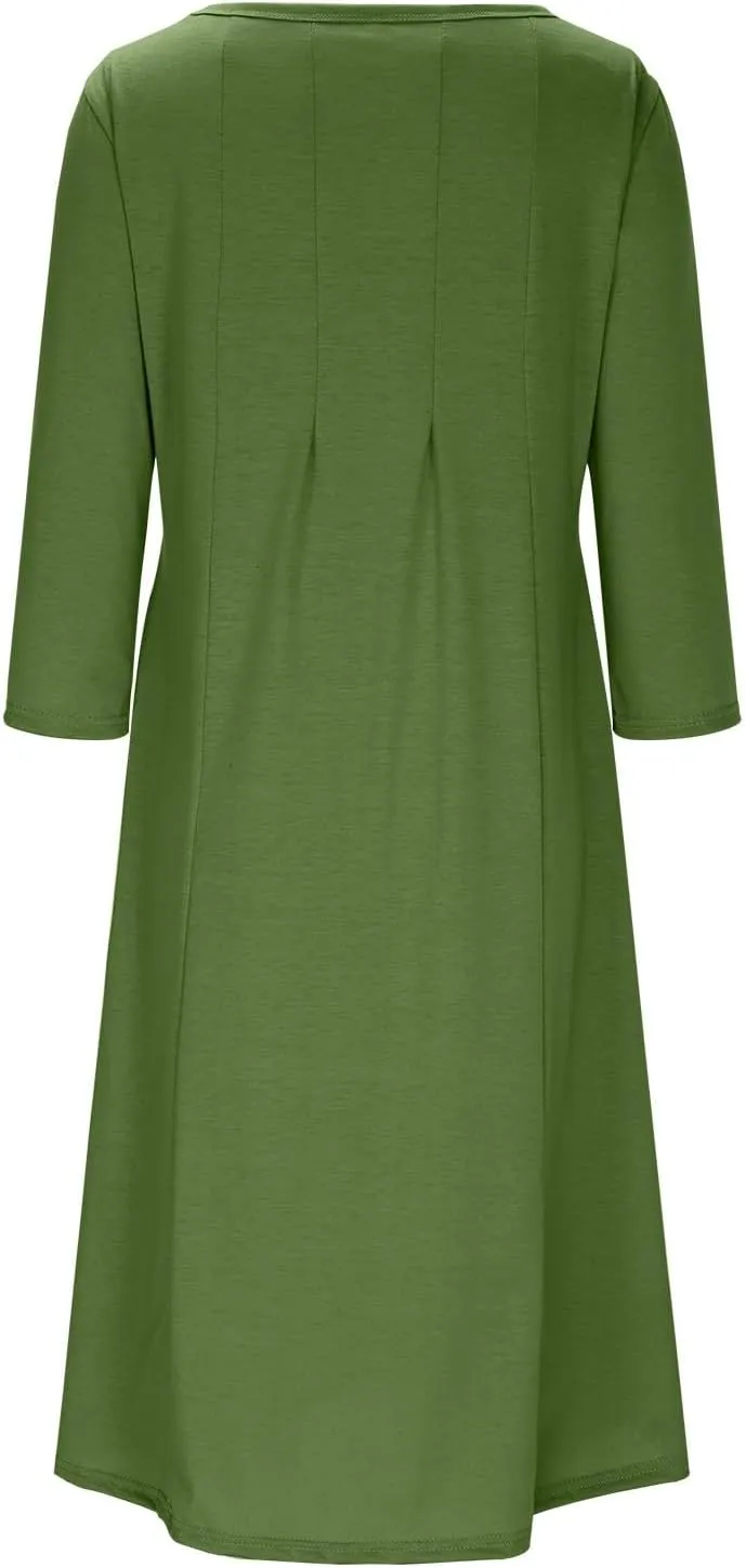 Cotton Long Sleeve A Line Midi Dress for Women Pleated Design Casual Loose Fit Soft Comfortable Daily Wear