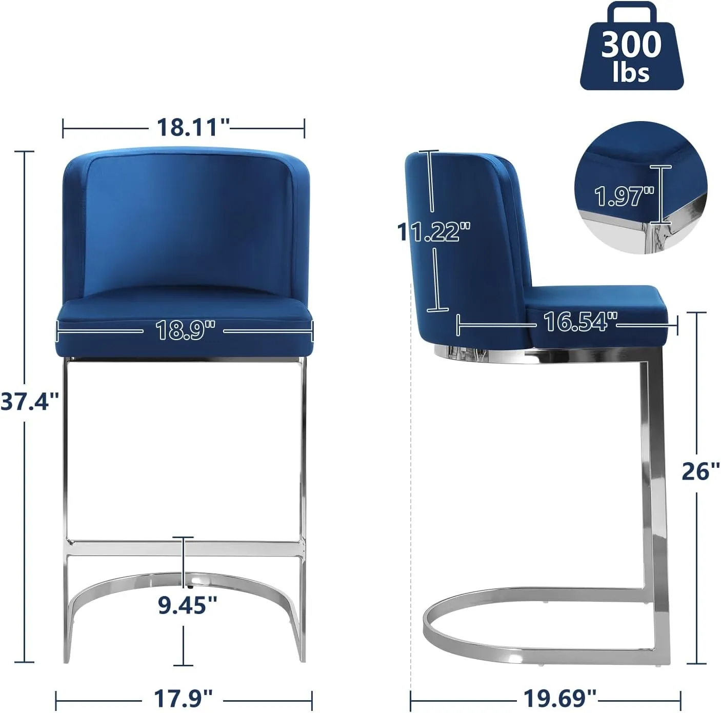 Counter Height 26" Bar Stools Modern Velvet Barstools with Back and C-Shaped Metal Frame, Upholstered Bar Chairs Counter Stool for Kitchen Island, Home Bar, Pub, Blue