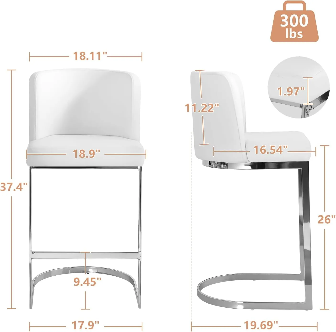 Counter Height Bar Stools Set of 3, Modern 26" Counter Stools with Back and C-Shaped Metal Frame, Upholstered Faux Leather Bar Chairs Island Stools for Kitchen Counter, Home Bar, Pub, White